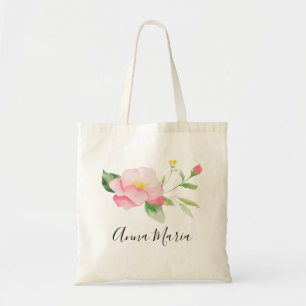 Bolso De Tela Acuarela Flores Rosadas de Primavera Nombre Floral