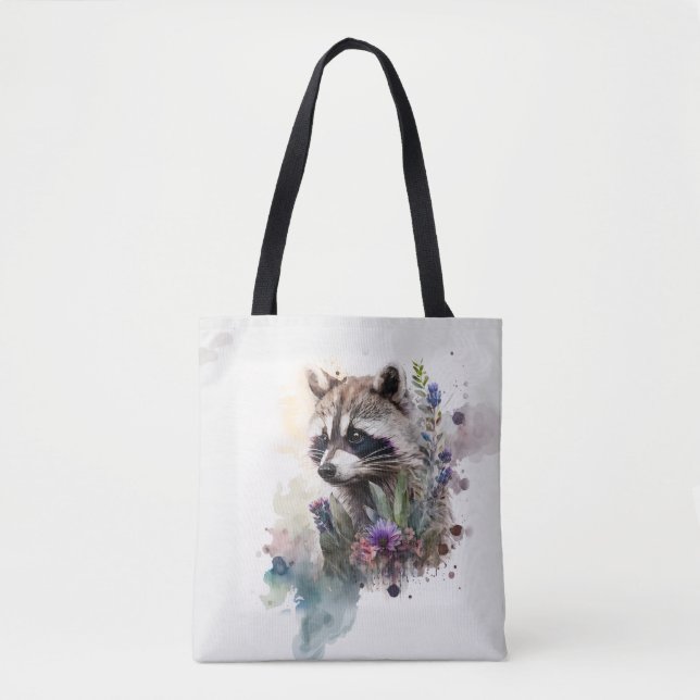 Bolso De Tela Acuarela Mapache Lindo Flores de Primavera         (Anverso)