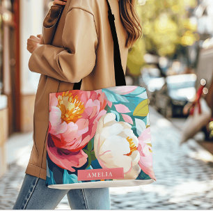 Bolso De Tela Acuarela maximalista Florales vibrantes peonías