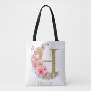 Bolso De Tela Acuarela Monograma Floral y de Oro Letra H
