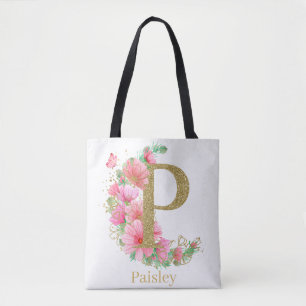 Bolso De Tela Acuarela Monograma Floral y de Oro Letra P
