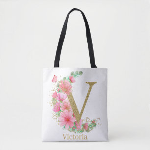 Bolso De Tela Acuarela Monograma Floral y de Oro Letra V