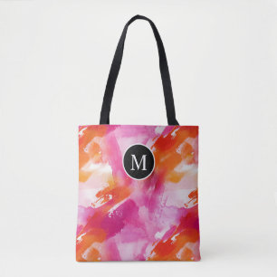 Bolso De Tela Acuarela Monograma Rosa Naranja Abstracto