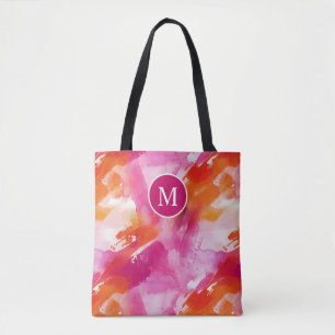 Bolso De Tela Acuarela Monograma Rosa Naranja Abstracto