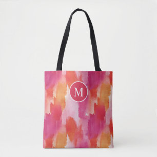 Bolso De Tela Acuarela Monograma Rosa Naranja Abstracto