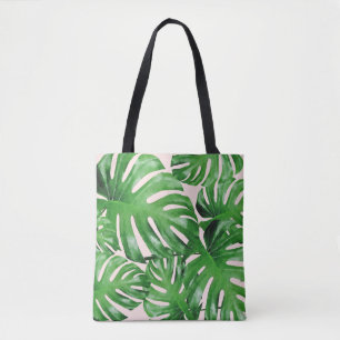 Bolso De Tela Acuarela Monstera Tropical Sale Rosa Patterado
