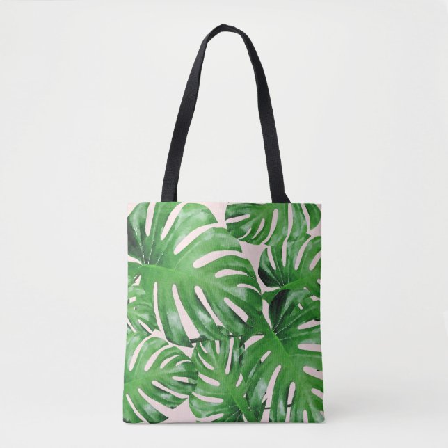 Bolso De Tela Acuarela Monstera Tropical Sale Rosa Patterado (Anverso)