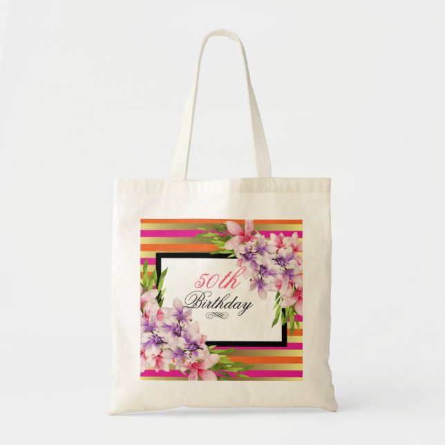Bolso De Tela Acuarela morada y rosa Magnolia Cumpleaños (Frente)