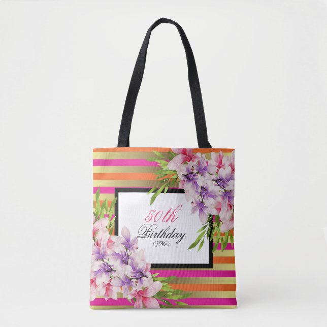 Bolso De Tela Acuarela morada y rosa Magnolia Cumpleaños (Anverso)