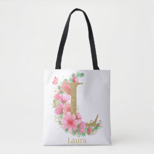 Bolso De Tela Acuarela oro y monograma floral letra L
