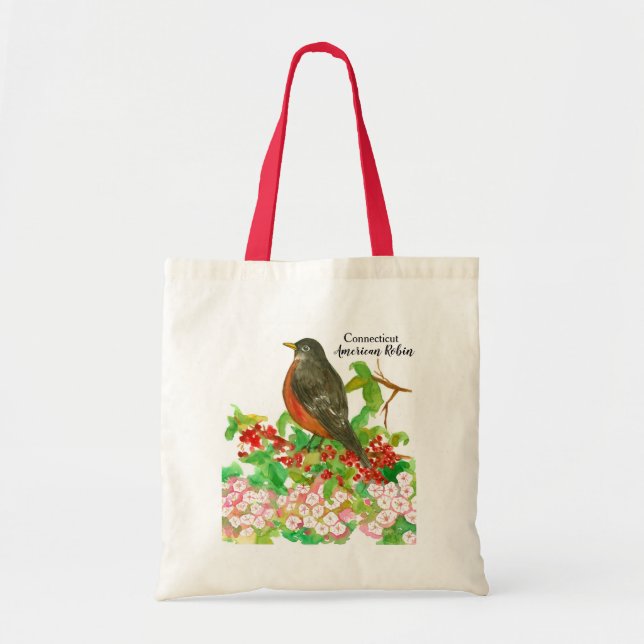 Bolso De Tela Acuarela para aves Robin Americanas de Connecticut (Frente)