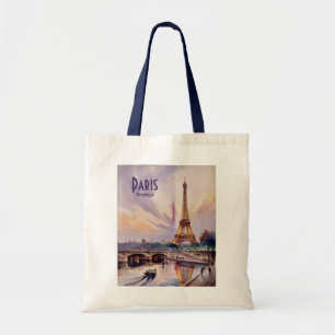 Bolso De Tela Acuarela París Torre Eiffel Silueta Retro Atardece