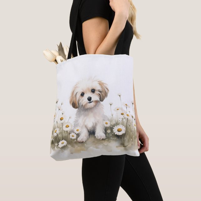 Bolso De Tela Acuarela Perro De Carne En Daisies (Detalle)