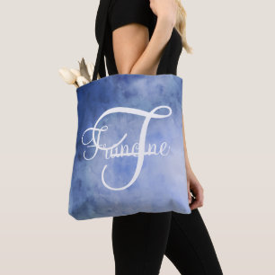 Bolso De Tela Acuarela personalizada con monograma Azul y Blanco