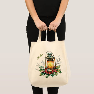 Bolso De Tela Acuarela personalizada de invierno con acebo y bay