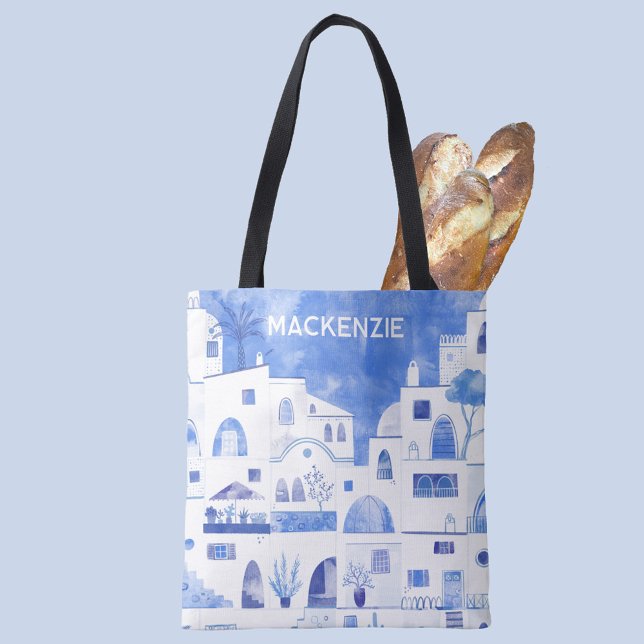 Bolso De Tela Acuarela personalizada de la isla griega de Santor (Oia Santorini Greece blue and white watercolor art personalized name tote bag)