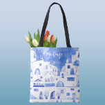 Bolso De Tela Acuarela personalizada de la isla griega de Santor<br><div class="desc">Paisaje urbano azul y blanco basado en la isla griega de Santorini. Arte original de Nic Squirrell. Cambie el nombre a personalizar.</div>