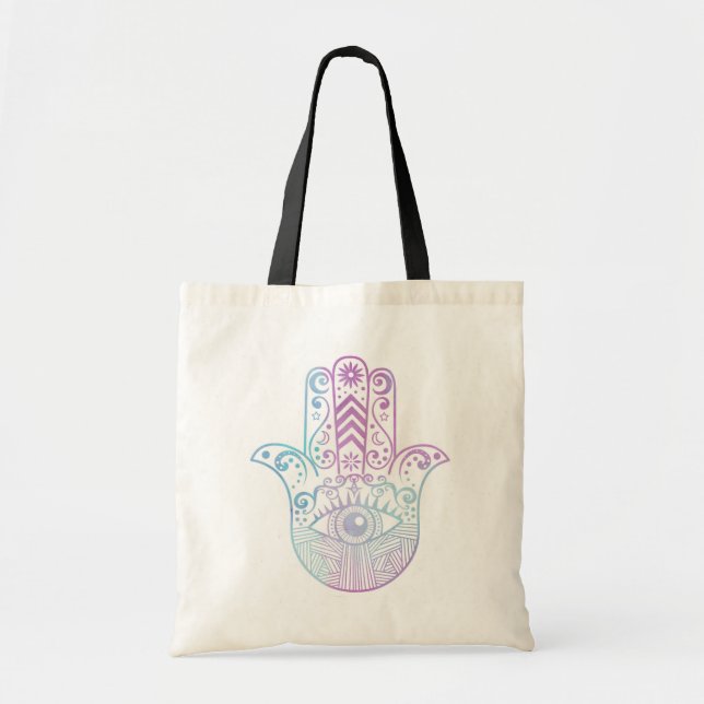 Bolso De Tela Acuarela púrpura y azul de la mano de Hamsa (Frente)