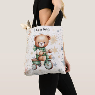 Bolso De Tela Acuarela Teddy Bear Stars Green Bike Hermoso