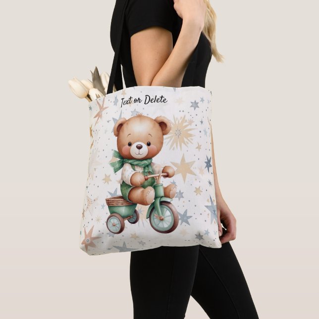 Bolso De Tela Acuarela Teddy Bear Stars Green Bike Hermoso (Detalle)