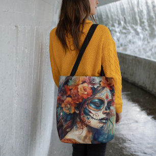 Bolso De Tela Acuarela vibrante Dia de los Muertos Catrina