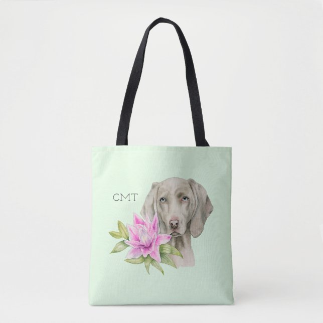 Bolso De Tela Acuarela Weimaraner Dog and Lily| Monograma (Anverso)