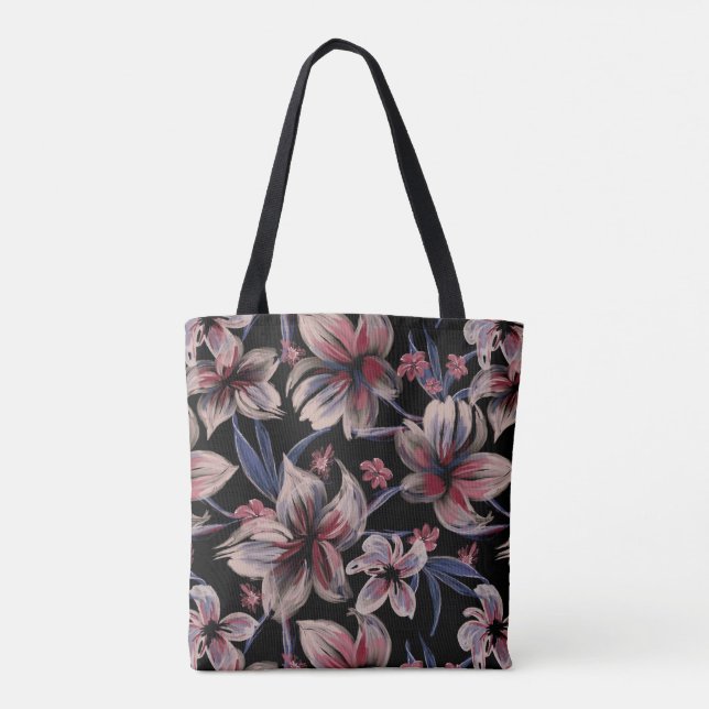 Bolso De Tela Acuarelas Crimson Floral sobre negro (Reverso)