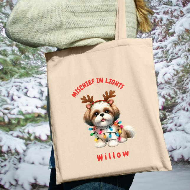 Bolso De Tela Adorable acuarela Shih Tzu Navidades alumbran perr (Carry festive cheer with this custom fun Shih Tzu dog tote bag. A perfect gift for dog lovers.)