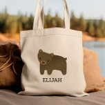 Bolso De Tela Adorable Brown Bear Kids' Personalized<br><div class="desc">This kids' tote bag for animal lovers features a cute illustration of a brown bear. Personalize it with your child's name in black letters. Makes a great book bag for boys or girls!</div>