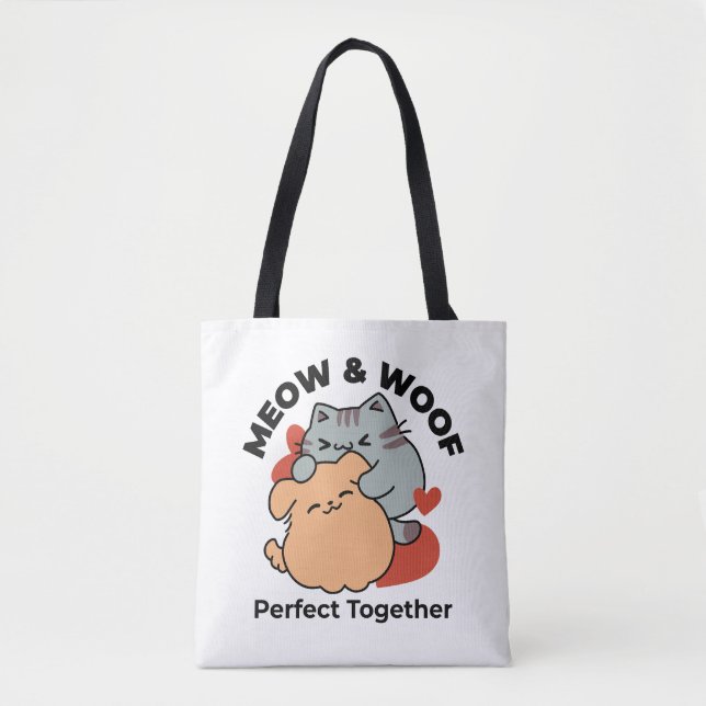 Bolso De Tela Adorable Cat and Dog Hug - Diseño de Meow & Woof (Anverso)