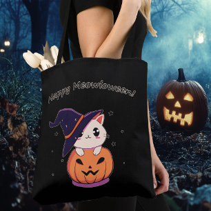 Bolso De Tela Adorable Gato Bruja Kawaii en Calabaza de Hallowee