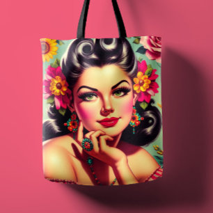 Bolso De Tela Adorable retrato floral pin-up retro