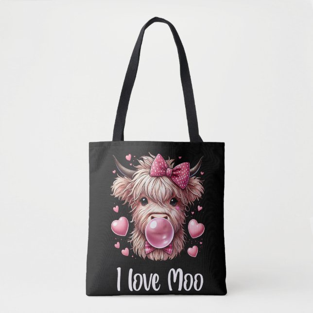 Bolso De Tela Adorable Valentine Highland Cow (texto blanco) (Anverso)
