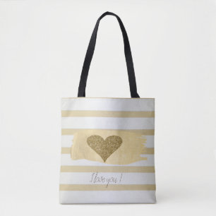 Bolso De Tela Adorables Corazones Brillo Dorado Rayas-Te Amo