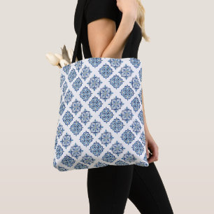 Bolso De Tela Adorno bordado azul sobre blanco