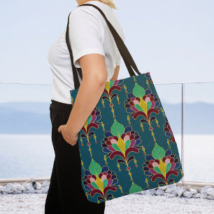 Bolso De Tela Adorno floral Art Déco dorado y verde