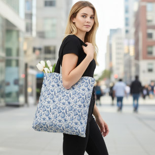 Bolso De Tela Adornos de Navidad azules Toile, Campanas y Cinta