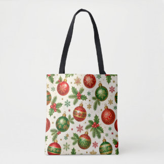 Bolso De Tela Adornos Navideños Vintage y Patrón de Acebo – Rojo
