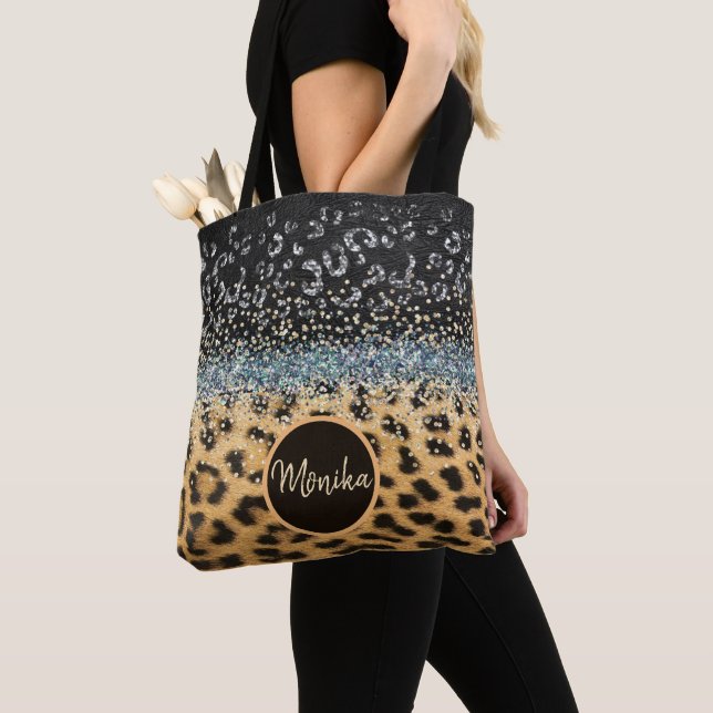 Bolso De Tela Agante Purpurina de glamour de leopardo personaliz (Detalle)