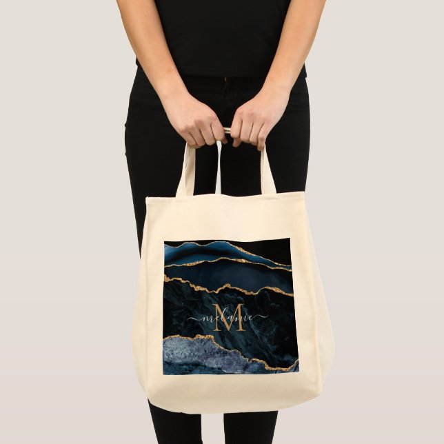 Bolso De Tela Agate Navy Blue Gold Gemstone Marble Monograma (Anverso (producto))