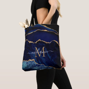 Bolso De Tela Agate Navy Blue Gold Marble Letra Tote Bag
