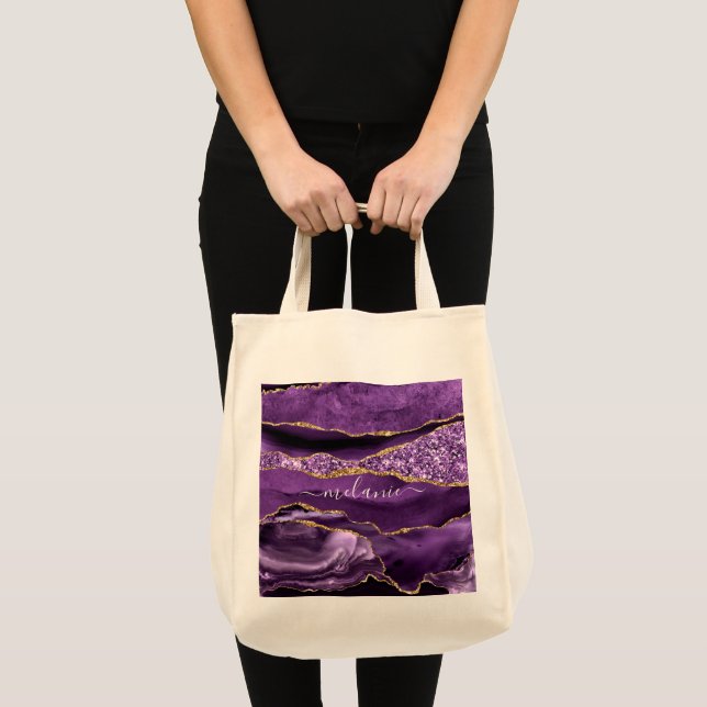 Bolso De Tela Agple violeta púrpura Purpurina de oro Geode Nombr (Anverso (producto))