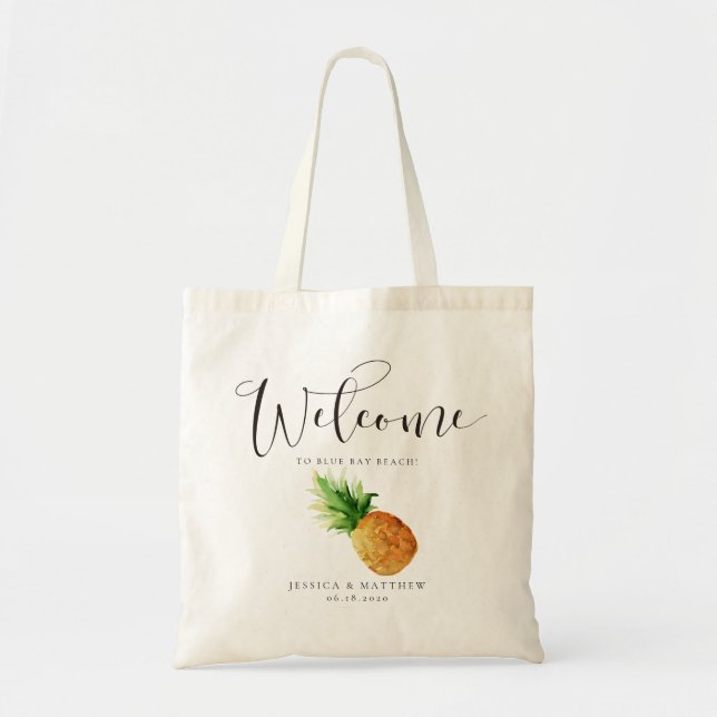 Bolso De Tela Agua de bienvenida boda Pineapple tropical (Frente)