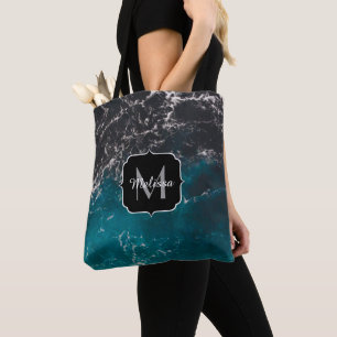 Bolso De Tela Agua oscura oscura azul y ondulada Monograma