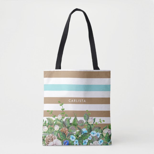 Bolso De Tela Aguamarina elegante y moreno florales y rayas con (Anverso)