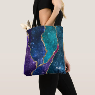 Bolso De Tela Aguamarina Púrpura Azul Venas de Ágata Dorada Mono