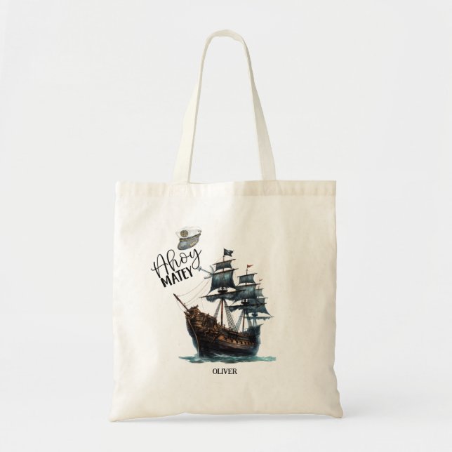 Bolso De Tela ¡Ahoy Matey! Cumpleaños del Barco Pirata Negro (Frente)
