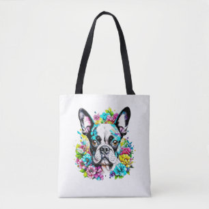 Bolso De Tela Ai Boston Terrier rodeado de flores