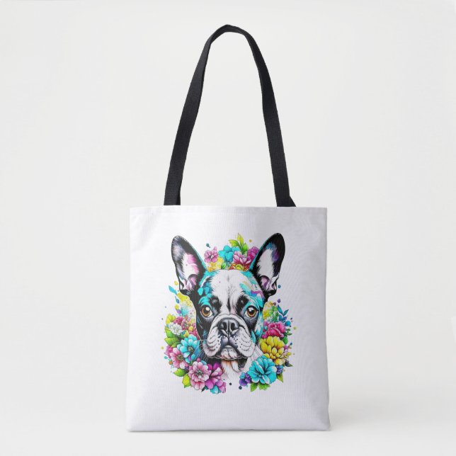 Bolso De Tela Ai Boston Terrier rodeado de flores (Anverso)