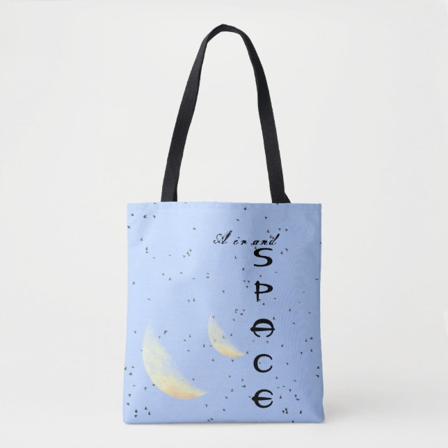 Bolso De Tela Aire y espacio con lunas y pájaros en azul (Anverso)